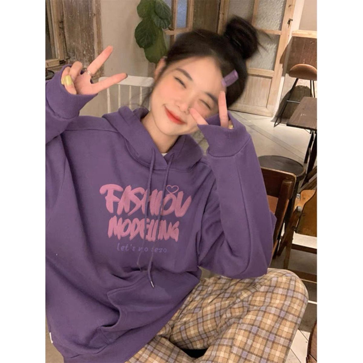 紫色连帽卫衣女2024新款秋冬款美式chic宽松显瘦长袖加厚绒上衣潮