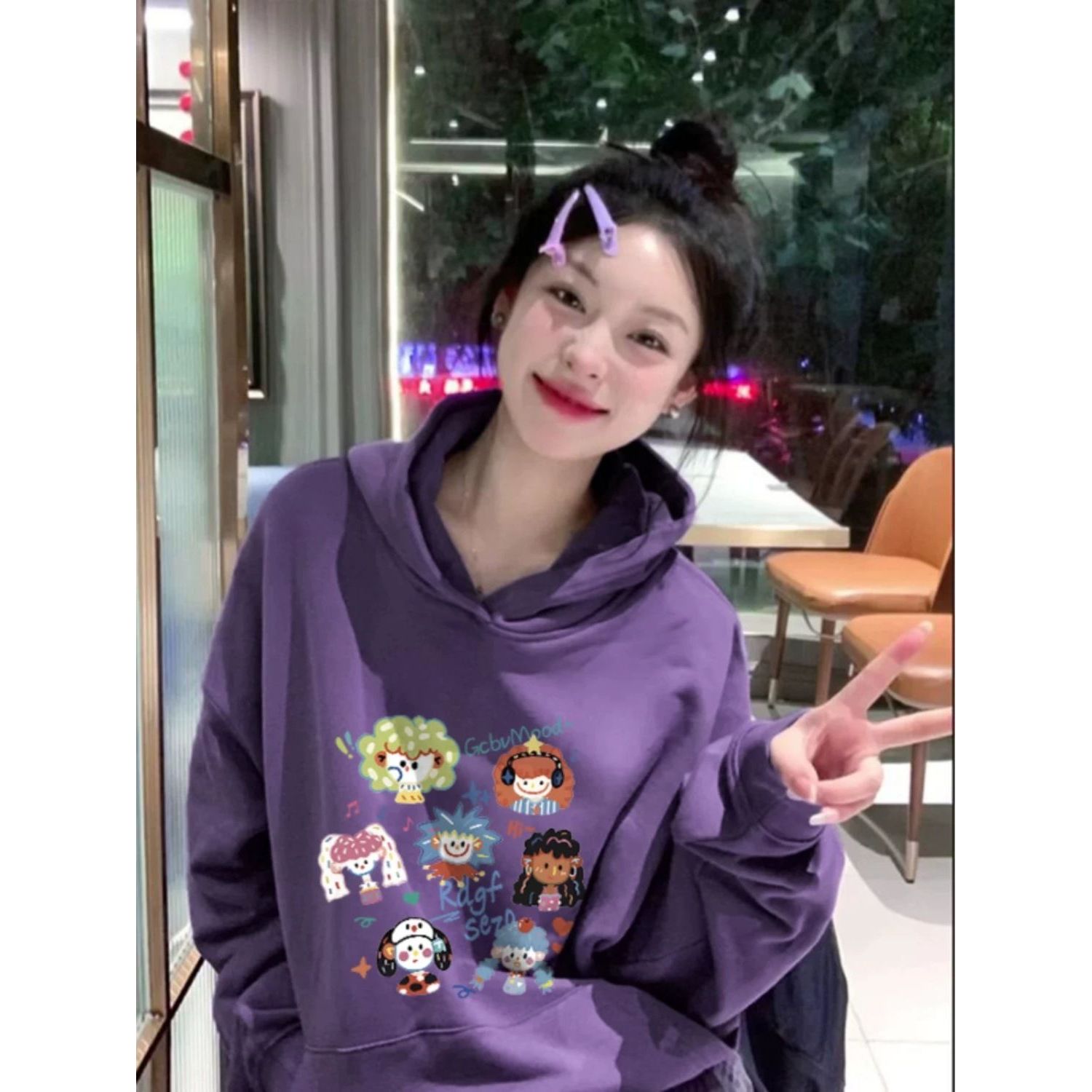 美式紫色加绒加厚卫衣女款春秋2024新款爆款中长款卡通连帽上衣潮