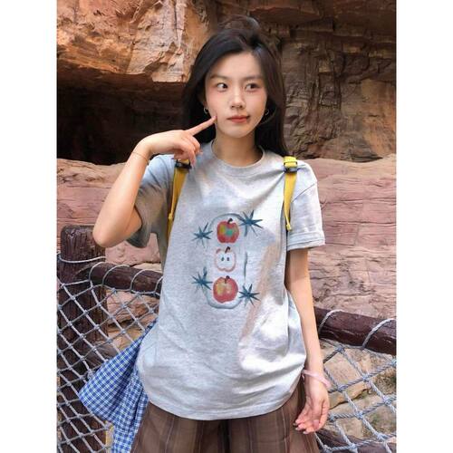 纯棉浅灰色短袖T恤女夏季2026年新款宽松休闲慵懒风半袖上衣ins潮