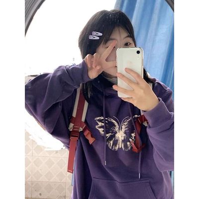 卫衣女2024新款爆款重磅紫色银狐绒秋冬加绒加厚灰色连帽美式宽松