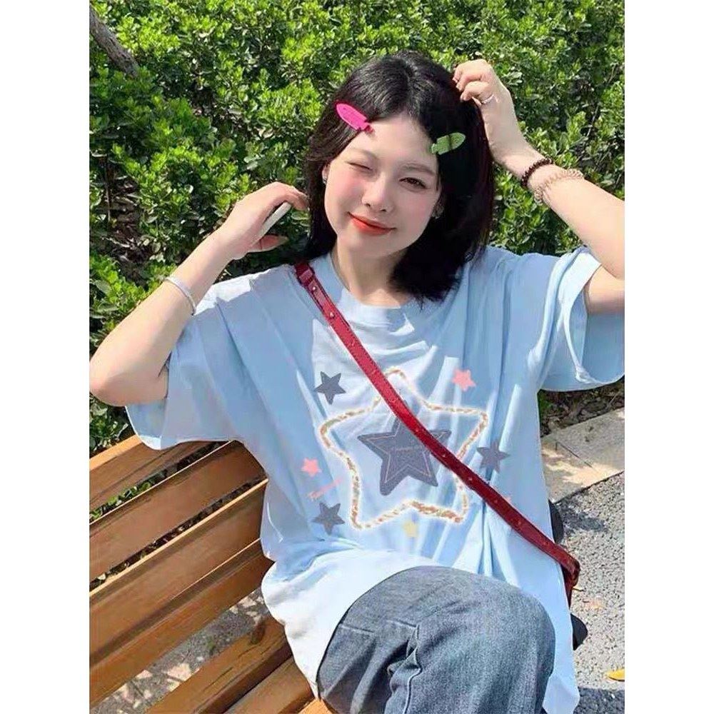 蓝色国潮牌复古oversize小众短袖t恤女夏季星星设计感半袖上衣ins,女装/女士精品,T恤,淘宝优惠券,粉丝福利购,淘宝优惠卷