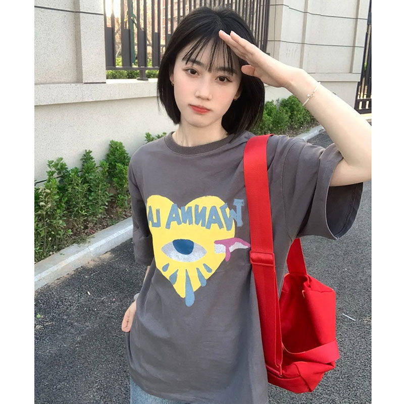 美式oversize短袖夏季原宿时尚短袖纯棉潮牌宽松百搭灰色t恤女ins