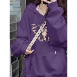 紫色连帽卫衣女新款2024秋韩版蝴蝶印花穿搭oversize宽松女版上衣