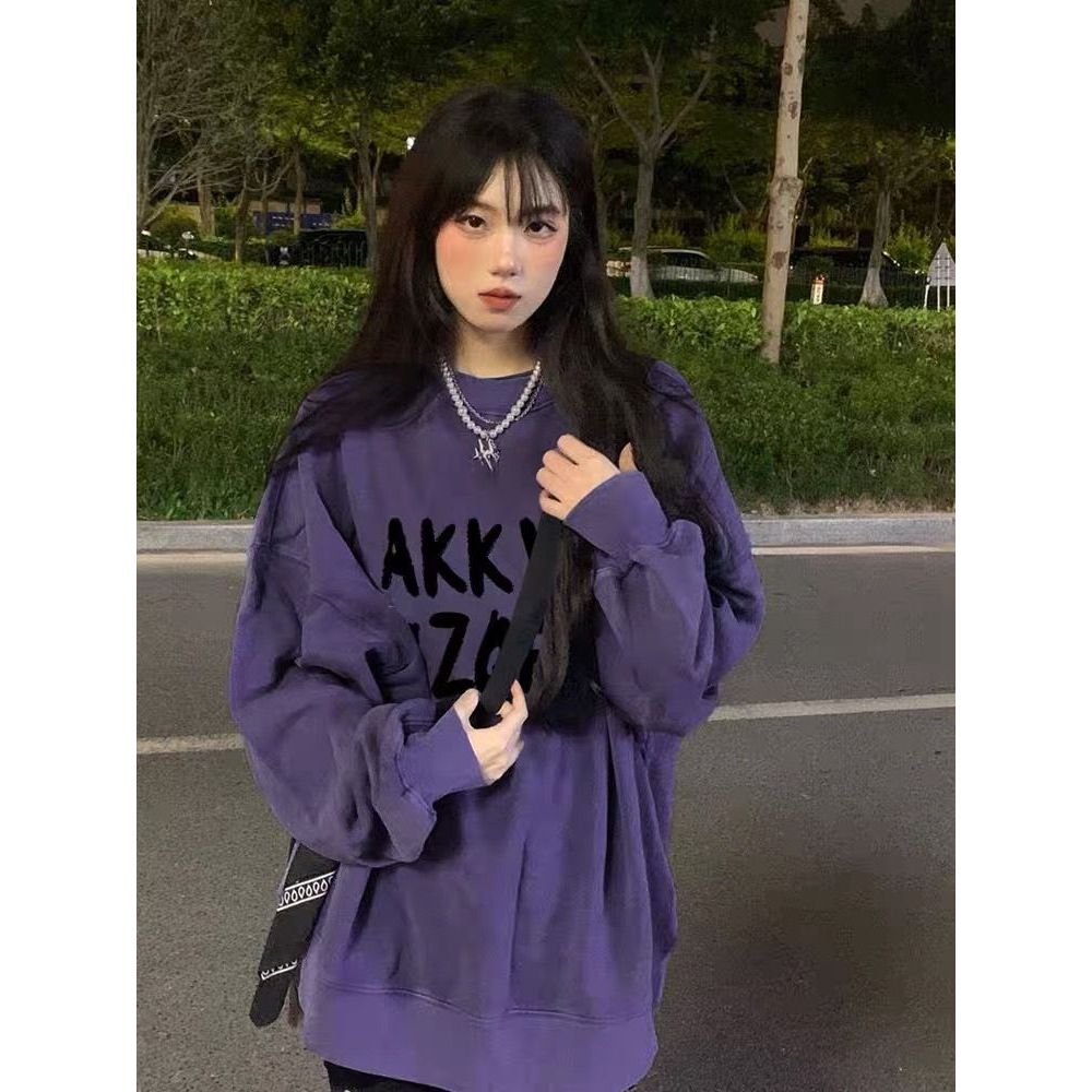 高街潮牌宽松紫色外套卫衣女秋冬款独特别致高级感美式复古情侣装