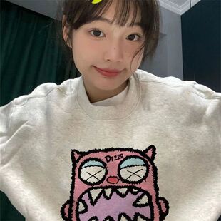 2024早秋新款美式慵懒chic圆领卫衣女春秋季爆款宽松韩版外套上衣