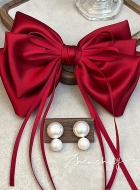 新款红色缎面层次感大蝴蝶结发夹女后脑勺顶夹高级感飘带头饰发卡