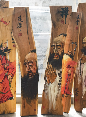 门板画手绘实木壁挂画老榆木板刻画创意山水画定制牌匾客厅装饰画