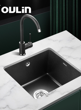 欧琳厨房石英石水槽套餐黑色吧台单槽洗菜盆洗碗池台下盆水池S112