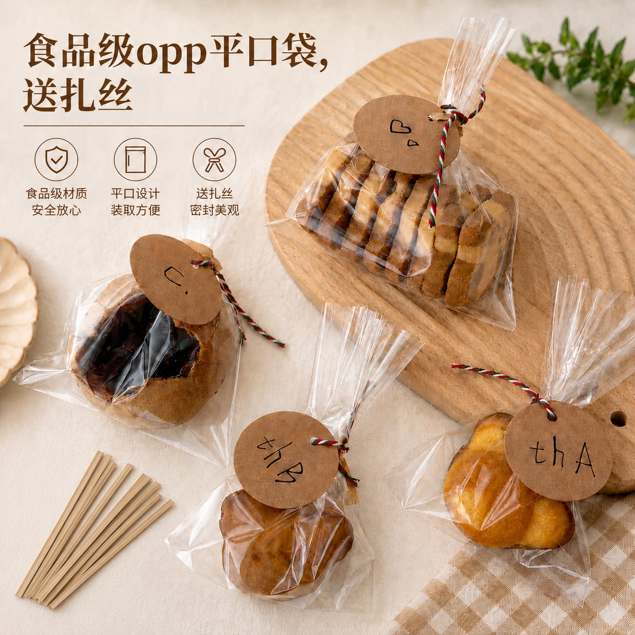 食品级opp透明平口袋加扎丝吊牌可diy写字装饼干麻薯烘焙甜品