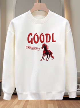 中式宽松型男士字母印花卫衣白色圆领宽松潮牌百搭上衣打底衫