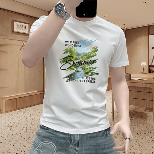 风景印花短袖T恤男夏季宽松圆领百搭透气上衣