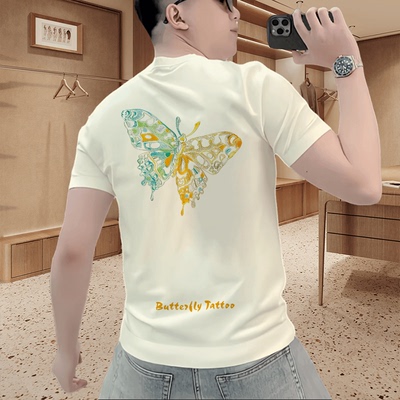 套头凉感蝴蝶印花短袖T恤男女潮流百搭修身圆领痞帅体恤