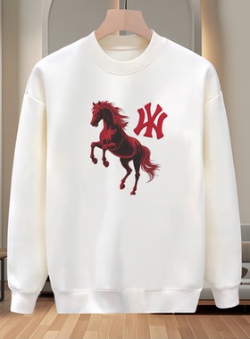 秋冬季潮牌个性骏马印花圆领卫衣男宽松百搭重磅加绒上衣打底衫