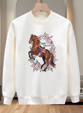 秋冬国潮风马匹印花圆领卫衣男秋冬加绒长袖百搭套头上衣打底衫