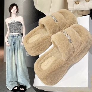 冬天厚底毛毛鞋女鞋子2023年新款小众设计感水钻一字增高棉拖鞋女