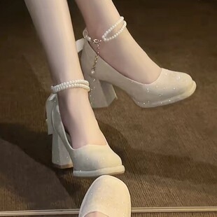 玛丽珍粗跟高跟鞋女法式配裙子小个子禾秀主婚纱两穿新娘伴娘婚鞋