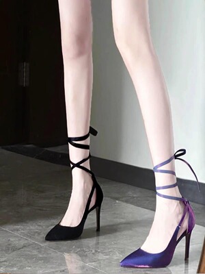 系带高跟鞋女2023年新款细跟黑色床上高跟女夏法式绑带凉鞋女单鞋