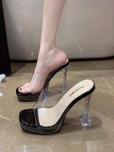 女 11CM夜店透明水晶钢管舞鱼嘴拖鞋 恨天高T台走秀凉鞋 粗跟高跟鞋