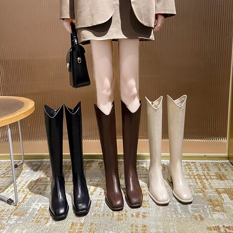 高跟长靴女2024年秋冬季新款咖色骑士靴中跟高筒复古长筒靴子女