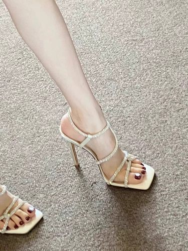 一字带细跟凉鞋女2024年夏季新款设计感方头交叉带露趾水钻高跟鞋