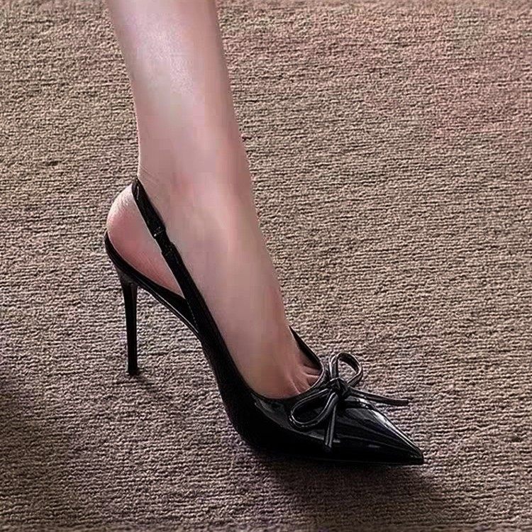 法式酒红色一字高跟鞋蝴蝶结2025新款外穿绝美尖头细跟包头凉鞋女,女鞋,一字带凉鞋,淘宝优惠券,粉丝福利购,淘宝优惠卷