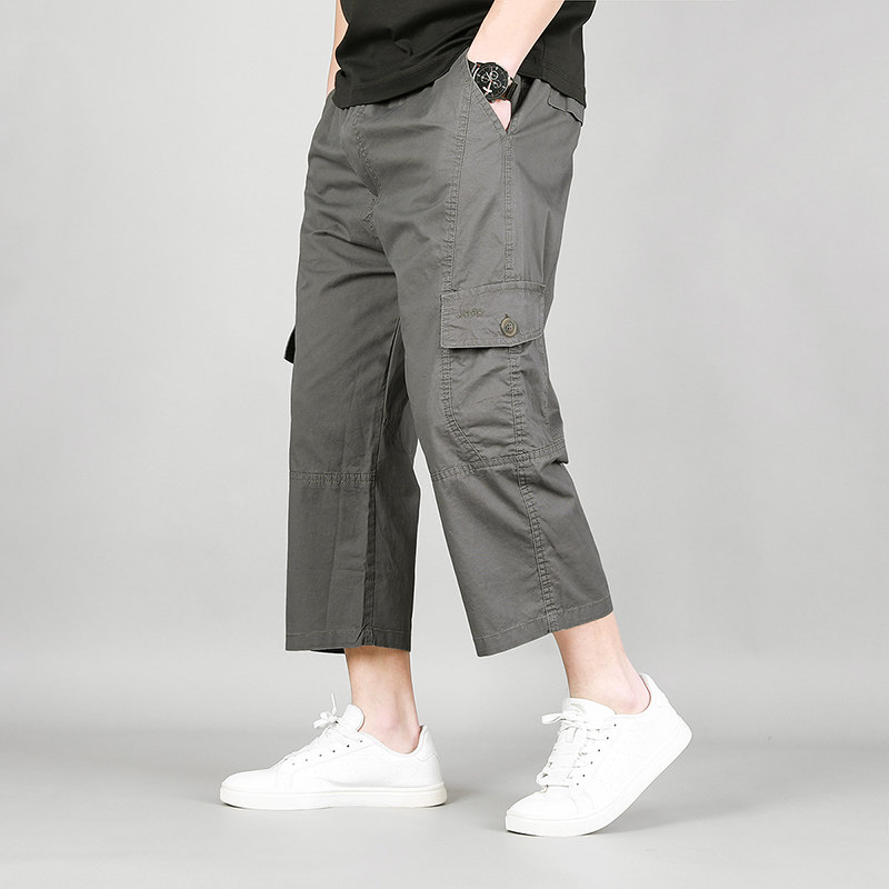 夏季新款薄款八分裤男士多口袋休闲短裤子工装裤高腰纯棉爸爸裤