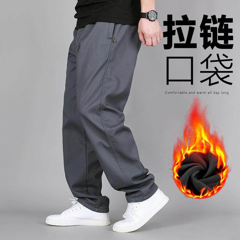 冬季新品防盗拉链口袋高腰男士加绒宽松工装裤男长裤子潮流休闲裤