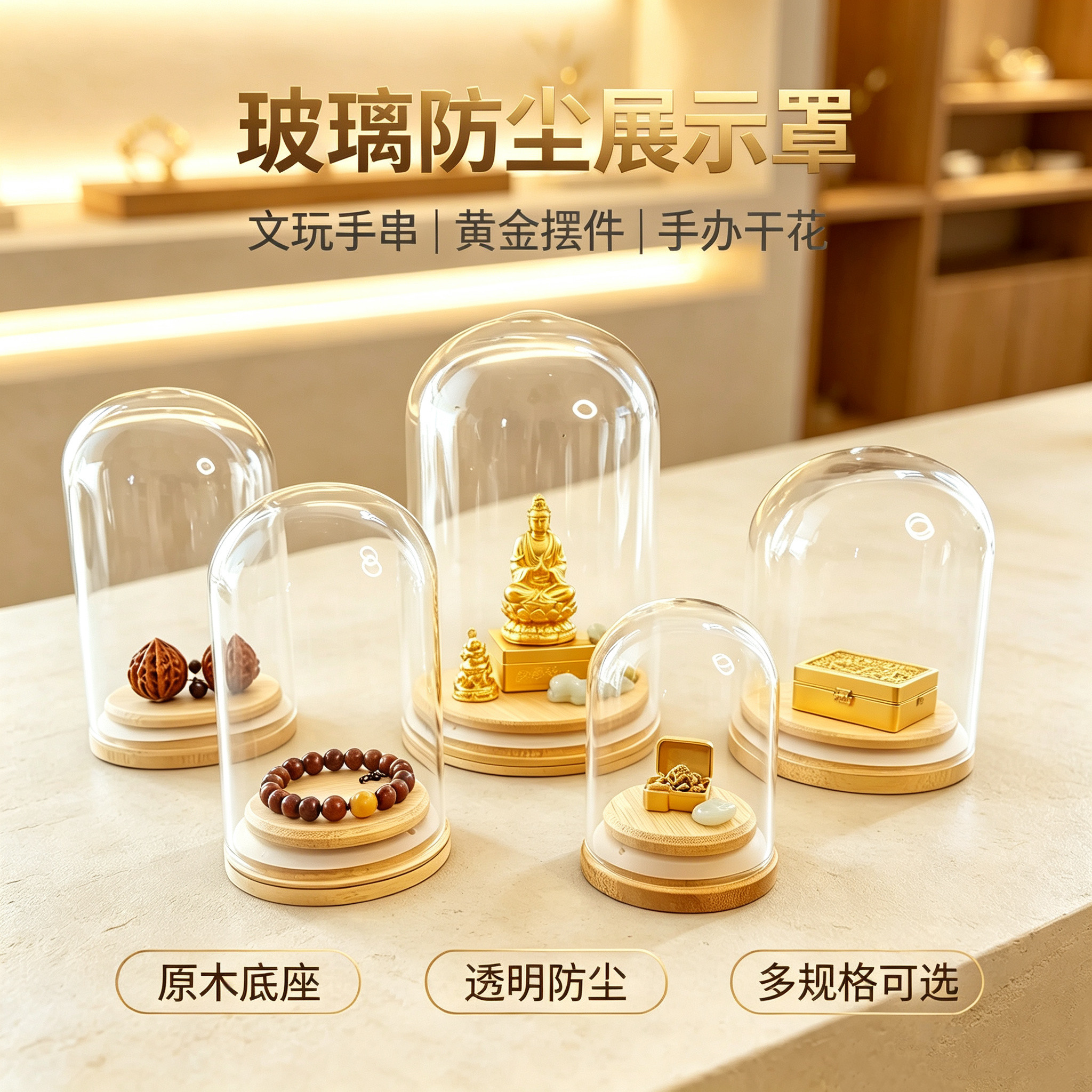 干花玻璃罩核雕文玩珠宝黄金饰品