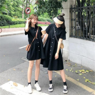 POLO领宽松开衫连衣裙女闺蜜装黑色短袖衬衫裙休闲中长款韩国女装