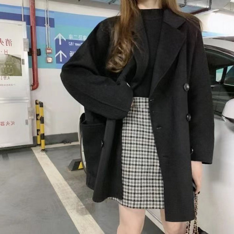 爆款毛呢外套女春秋韩版新款双排扣小个子设计感气质长袖大衣