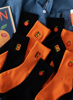 橙色网红潮黑橘袜子男女中筒韩版ins街头长袜春秋季橘色运动棉袜