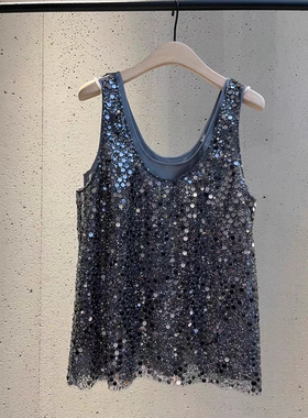 正品2025秋新品精工亮片珠饰编织深U领附醋酸里衬背心MBE3TOP005