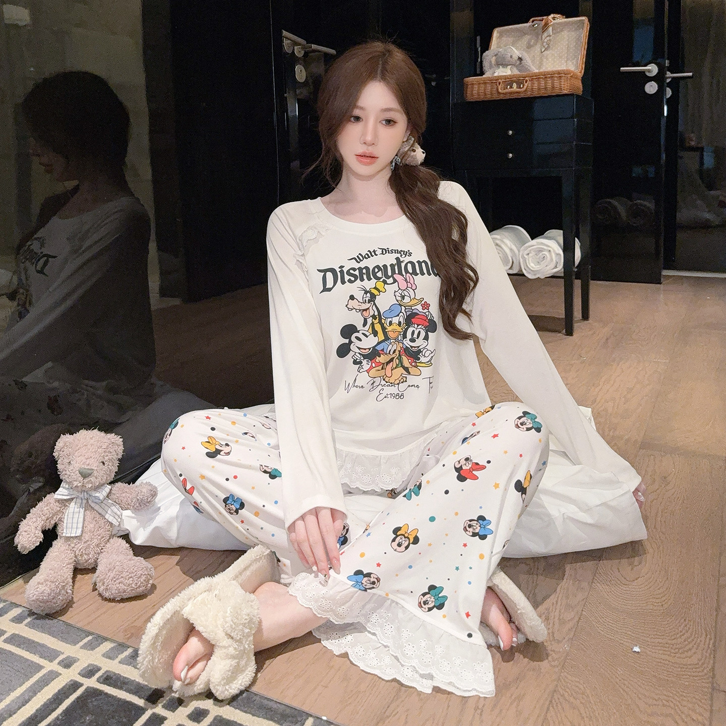 少女感米奇睡衣女春秋款莫代尔长袖长裤家居服套装可外穿居家服