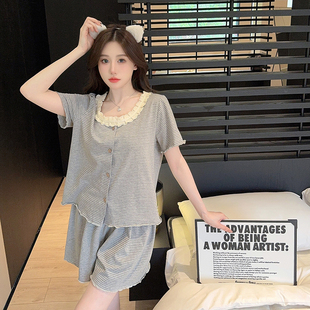 纯欲风三件套条纹睡衣夏季 外穿 女带胸垫一体莫代尔短袖 家居服套装