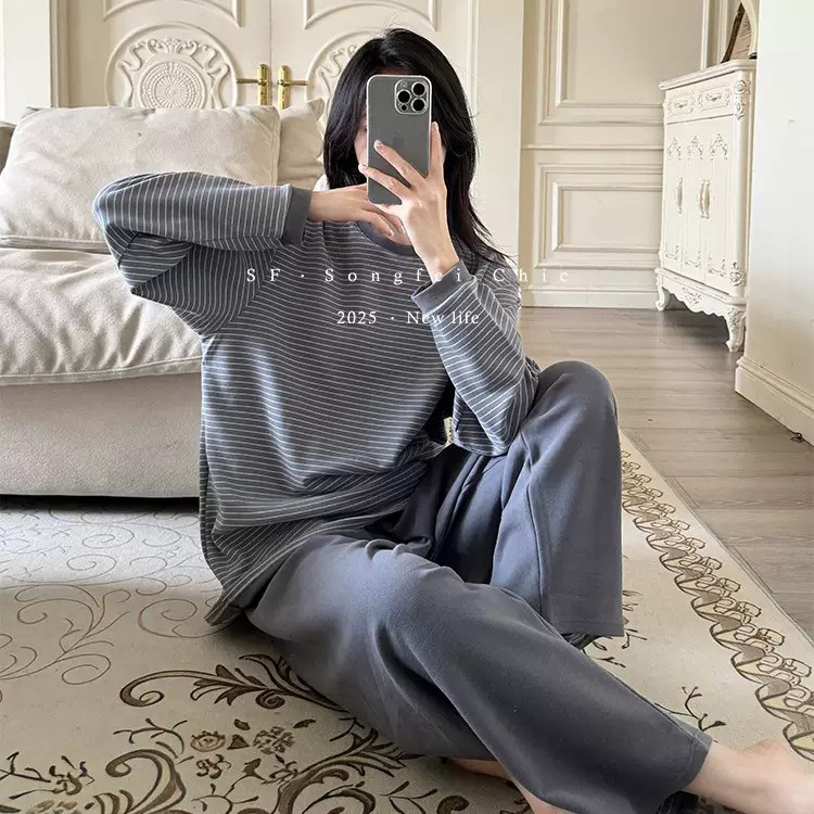 休闲条纹磨毛睡衣女春秋款加厚保暖圆领宽松家居服套装外穿居家服