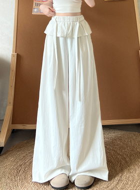 白色假两件屁帘百褶抽绳阔腿裤女夏新款荷叶边宽松显瘦休闲阔腿裤