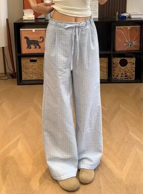 蓝色韩版木耳边格子休闲裤女2026夏季新款直筒高腰显瘦宽松阔腿裤