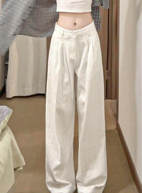白色韩式街头风棉麻阔腿西装裤女夏季新款高腰修身悠闲气质直筒裤