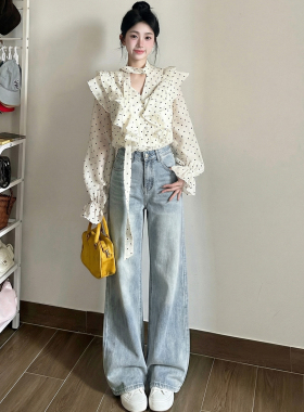 美式复古蓝色直筒高腰牛仔裤女夏新款微弹宽松显瘦休闲垂感阔腿裤