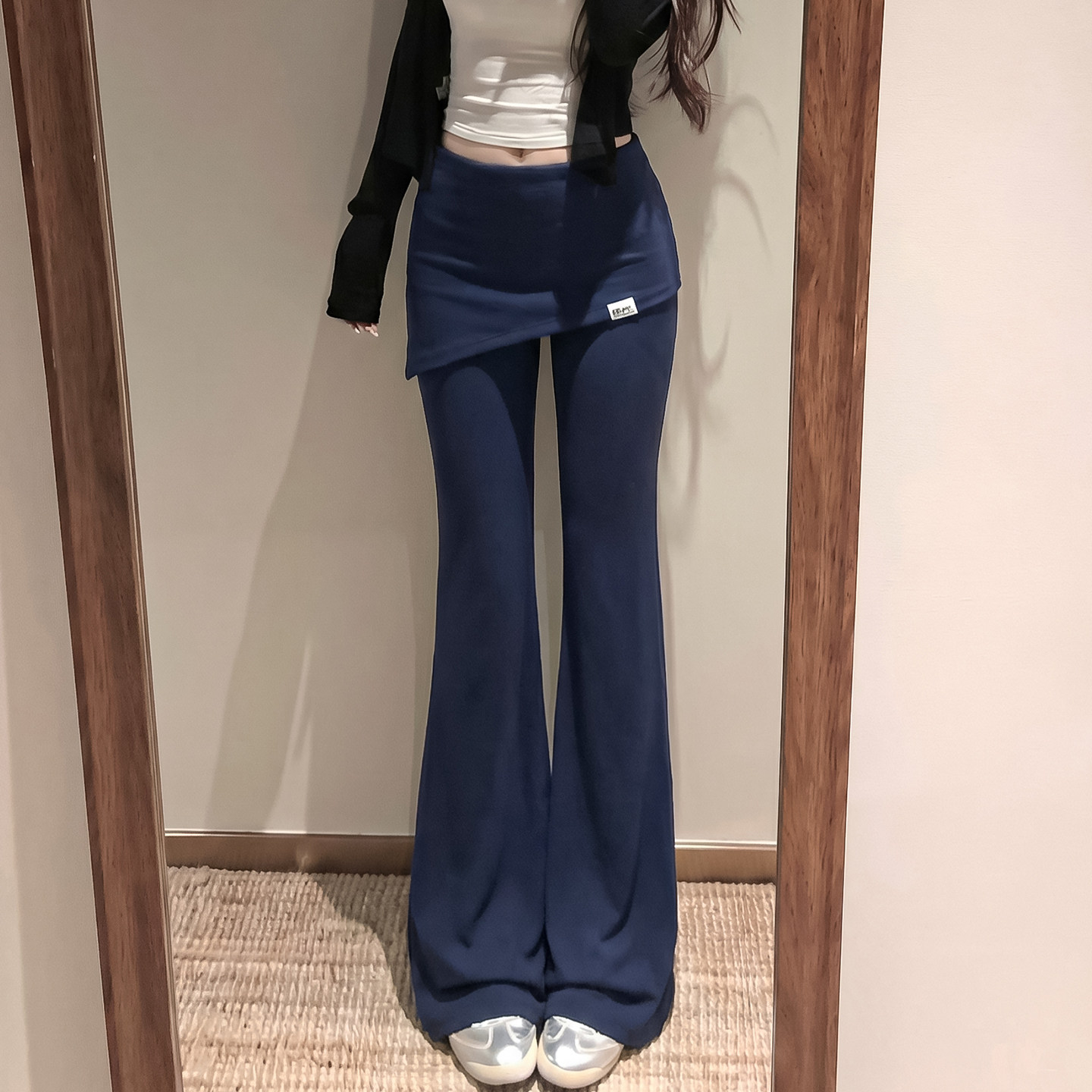藏青色假两件微喇裤女