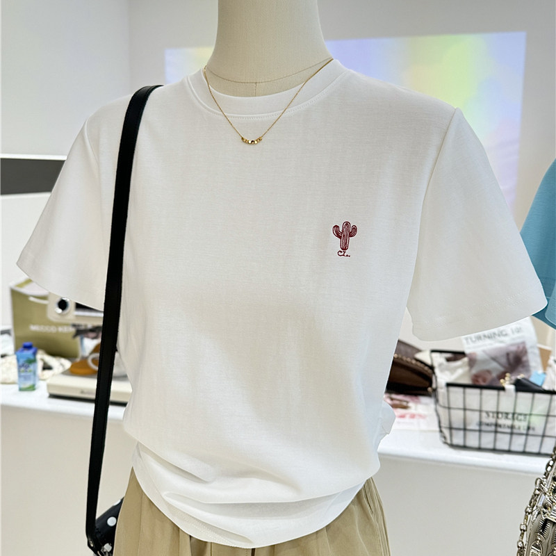 韩版简约仙人掌白色短袖t恤女2025新款夏季宽松半袖上衣刺绣圆领