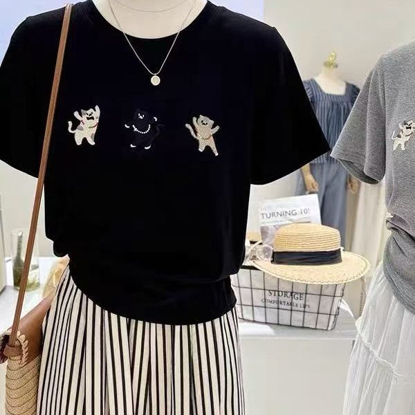 夏季百搭卡通小猫刺绣韩系小众宽松减龄圆领短袖T恤女半袖上衣