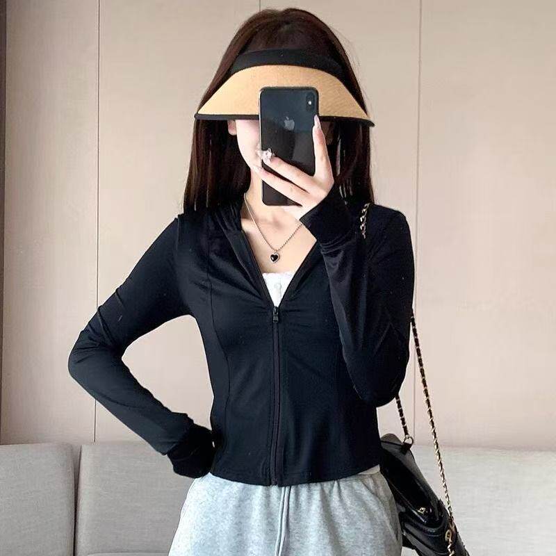 黑色冰丝防晒衣女修身连帽拉链短款开衫外套防紫外线长袖2026