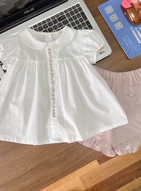 女童短袖衬衫2025夏季新款韩版洋气女宝宝刺绣娃娃衫公主白色衬衣