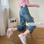 小个子145七分时尚 xxs 高腰显瘦八分直筒阔腿裤 刺绣牛仔裤 女春夏款