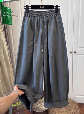 150小个子显高灰绿色弯刀休闲裤女夏季薄款显瘦宽松气球阔腿裤xxs