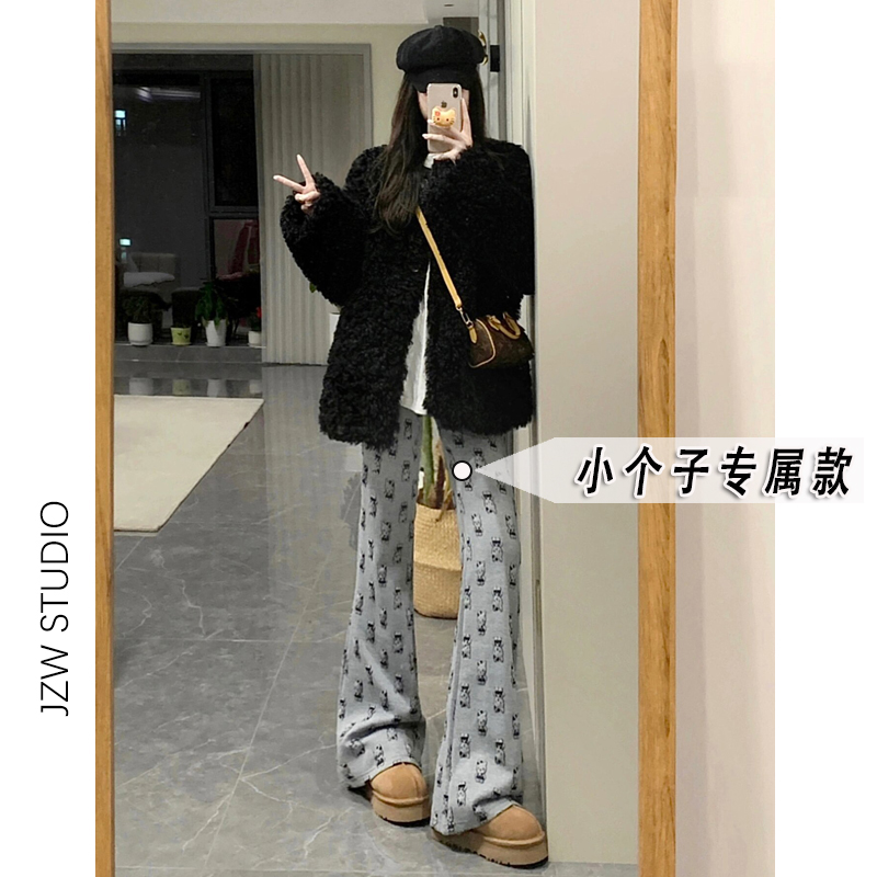 150小矮个子显瘦微喇叭裤女秋冬季高腰修身休闲印花卫裤长裤子xxs