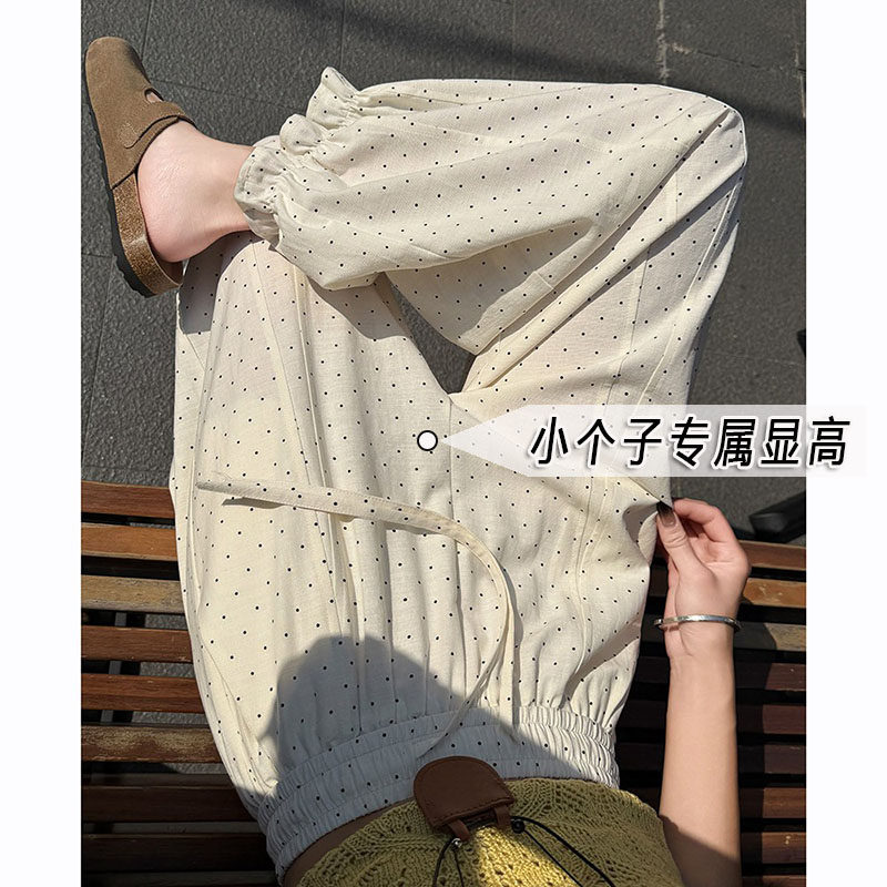 米杏色波点天丝木耳边花苞裤女夏款小个子九分高腰直筒显瘦阔腿裤