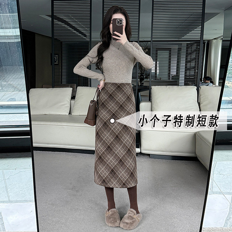 半身裙女小个子毛呢裙子秋冬加绒韩版高腰a字包臀中长款开叉裙xxs