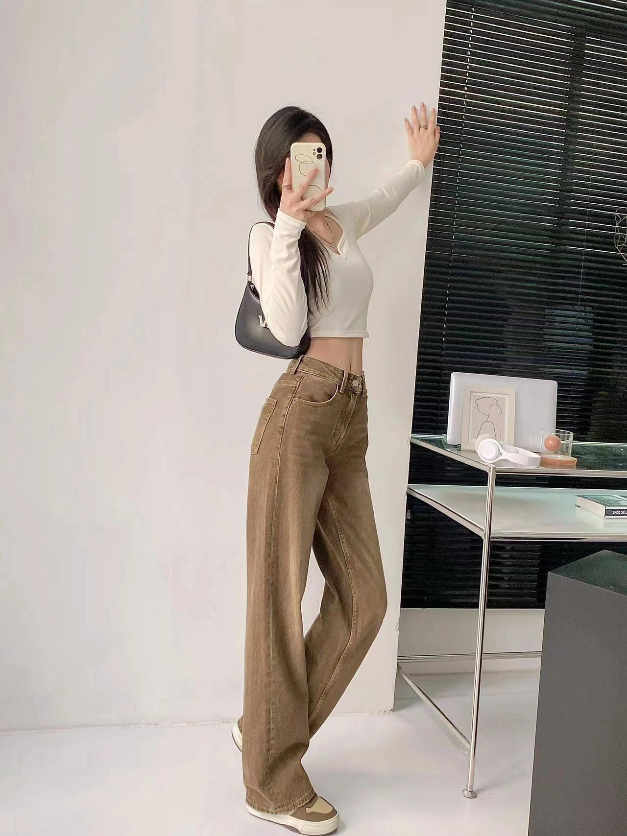 美式复古风格直筒阔腿牛仔裤